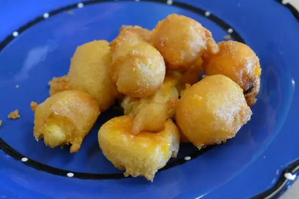 Deep Fried Cheese Curds on a blue plate