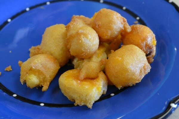 Deep Fried Cheese Curds on a blue plate